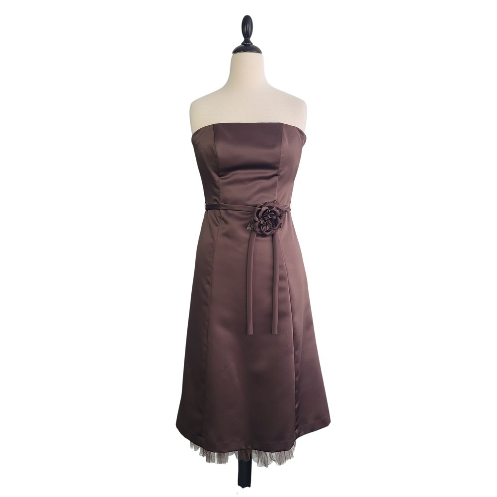 Vintage Y2K Chocolate Brown Strapless Satin Dress Size 4 Floral‎ Belt Mesh Hem
